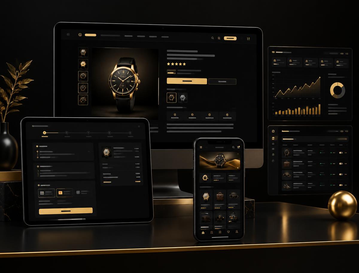 E-commerce storefront, checkout and analytics screens across devices